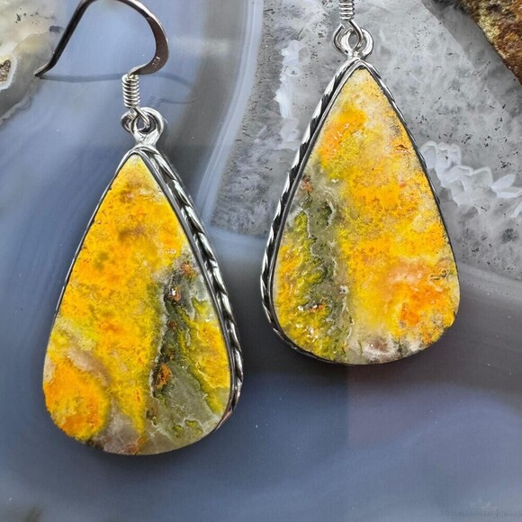 Sterling Silver Southwestern Style Teardrop Eclipse Jasper Dangle Earrings - Picture 6 of 10